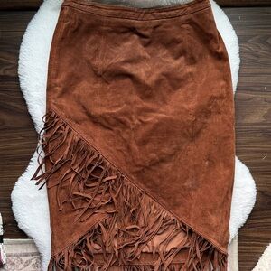 Pamela McCoy 100% Leather Fringe Midi Skirt Brown size XS Western Boho Vintage